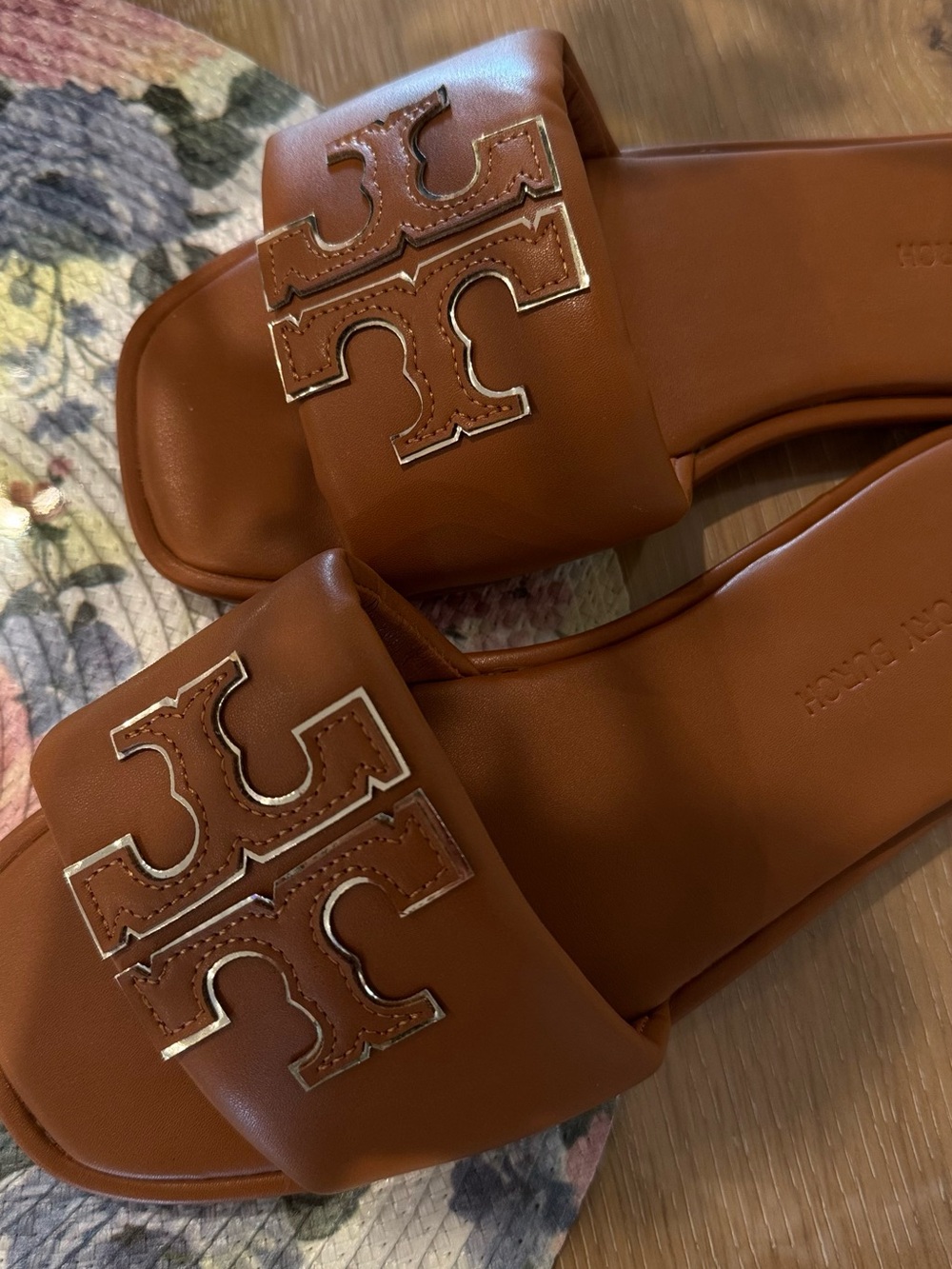 Tory Burch Cognac Leather Logo Slide Sandals - Picture 2 of 6